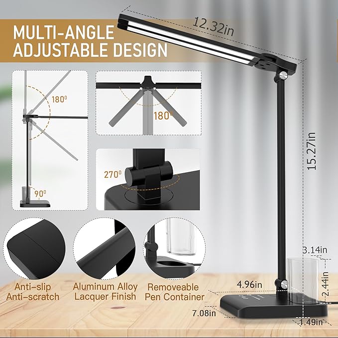 Dimmable LED Desk Lamp with USB Charging Port Bright 50 Lighting Modes | Dual Swing Arm Architect Table Lamp Light for Home Office Dorm Piano Nail