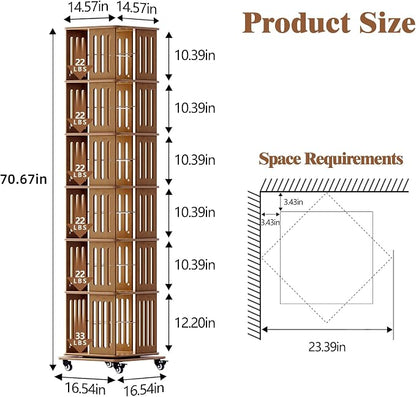 Turosur Rotating Bookshelf with Wheels, 6 Tier Spinning Bookshelf Tower, Solid Wood Revolving Bookcase with Storage for Small Spaces, 360 Display Square Rotating Book Shelf for Living Room, Walnut