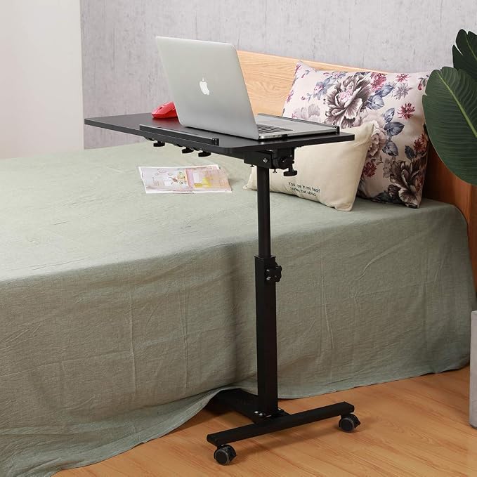 TigerDad Over Bed Table with Wheels Adjustable | Rolling Laptop Table Overbed Desk Hospital Tray Table Sofa Chair Side Table (Black)