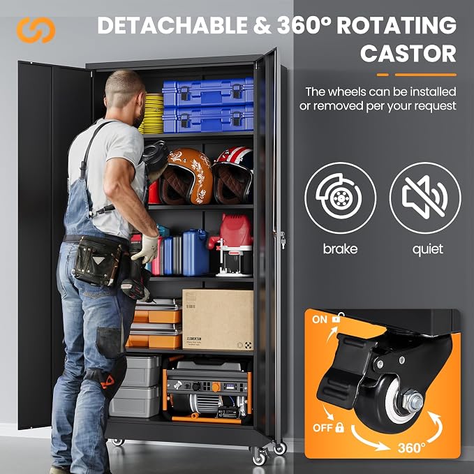 Metal Garage Storage Cabinets with Wheels, Rolling Tool Cabinet with Lock, Locking Garage Caninet on Wheels with Shelves, Steel 2 Door Tall Tool Cabnets for Workshop/Home/Office - (Black 75”H)