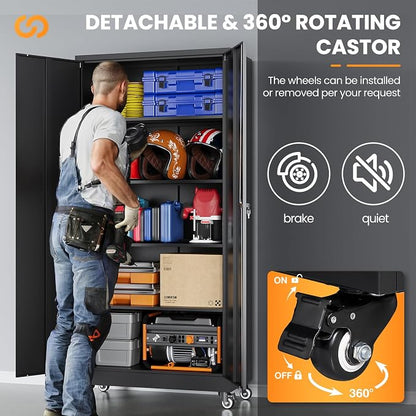 Metal Garage Storage Cabinets with Wheels, Rolling Tool Cabinet with Lock, Locking Garage Caninet on Wheels with Shelves, Steel 2 Door Tall Tool Cabnets for Workshop/Home/Office - (Black 75”H)