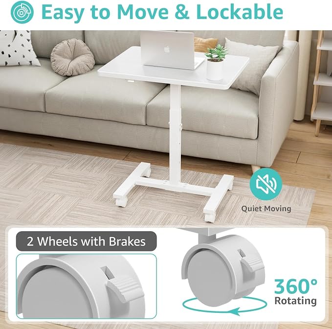 WINAZ Small Portable Rolling Desk Adjustable Height, 24 Inch Mobile Laptop Desk with Wheels for Dorm Room, C-Shaped Table for Sofa and Bed Side, Study Table for Students, White