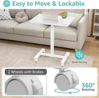 WINAZ Small Portable Rolling Desk Adjustable Height, 24 Inch Mobile Laptop Desk with Wheels for Dorm Room, C-Shaped Table for Sofa and Bed Side, Study Table for Students, White