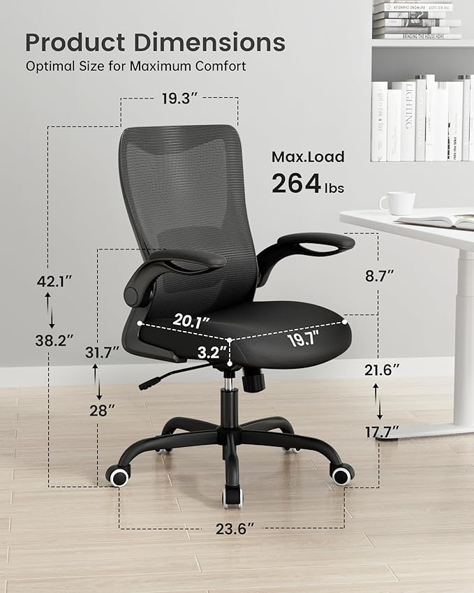 MUXX.STIL Office Chair, Ergonomic Desk Chair with Adjustable Lumbar Support and Flip up Armrest, Breathable Mesh Computer Chair for Home Office, Black