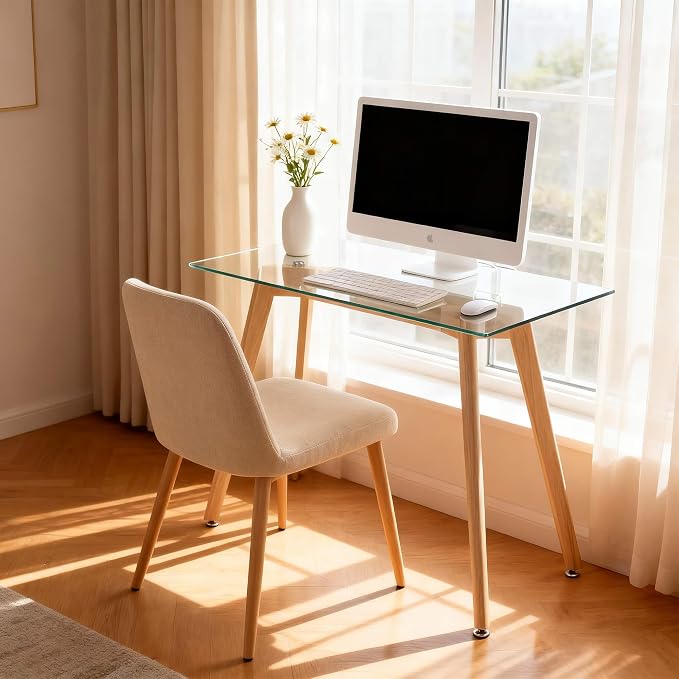 ivinta Glass Office Desk, 43" Rectangular Computer Desk with Solid Wood Legs, Modern Dining Table for Living Room, Office, Kitchen, TAM-WT