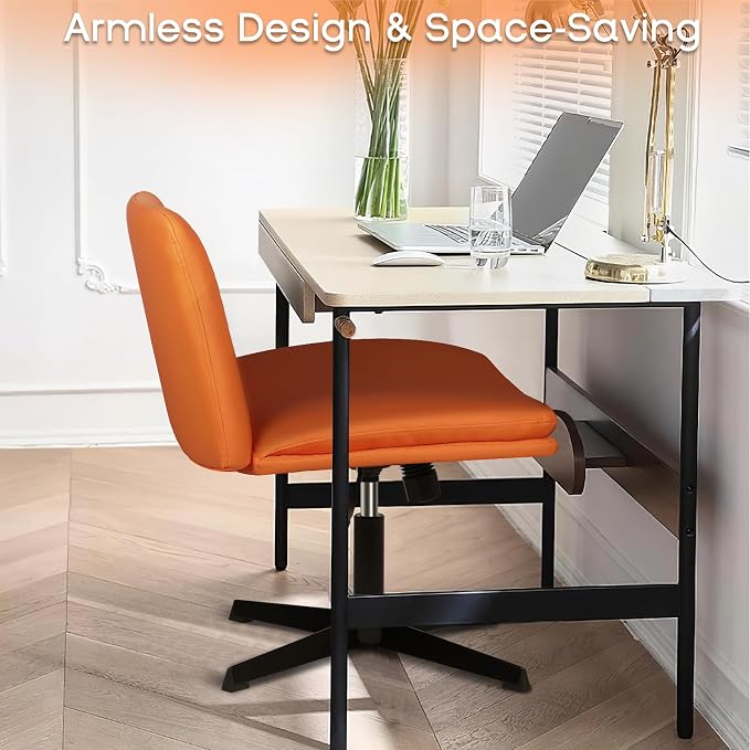 PUKAMI Criss Cross Chair,Comfy Cross Legged Office Desk Chair No Wheels,Modern Fabric Swivel Adjustable Height Mid Back Wide Seat for Home Office Computer (Pu Hermes Orange)