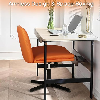 PUKAMI Criss Cross Chair,Comfy Cross Legged Office Desk Chair No Wheels,Modern Fabric Swivel Adjustable Height Mid Back Wide Seat for Home Office Computer (Pu Hermes Orange)