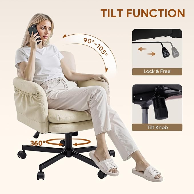 Bestier Criss Cross Office Chair with Flip-Up Armrests, Swivel Makeup Vanity Chair with Wheels & Side Pockets, Cross Legged Office Chair for Home Office, Bedroom, Beige PU Leather