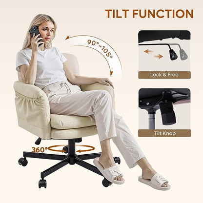 Bestier Criss Cross Office Chair with Flip-Up Armrests, Swivel Makeup Vanity Chair with Wheels & Side Pockets, Cross Legged Office Chair for Home Office, Bedroom, Beige PU Leather
