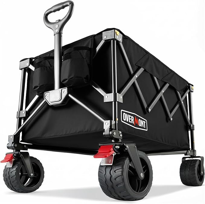 Overmont Ultra-Compact Collapsible Wagon Cart -200L Portable Folding Wagon with All-Terrain Wheels Utility for Beach, Grocery Shopping, Camping, and Gardening – 360lbs Load Capacity Black