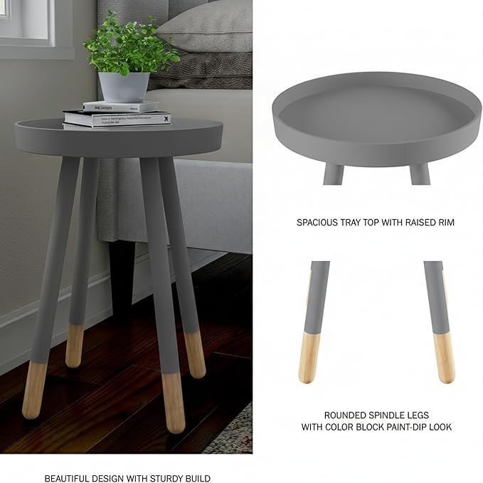 Lavish Home Round End Table Set of 2 – 17 Inch Small Round Side Table Set with Tray Tops and Color-Block Spindle Legs – Wooden Mid Century Modern Living Room Furniture (Gray)