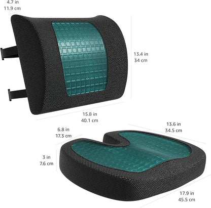 Amazon Basics Comfortable Seat Cushion & Lumbar Support for Office Chairs, Gel Enhanced Memory Foam, Non-Slip, Cooling, Portable, Pack of 2, Rectangular, Black