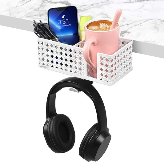 Desk cup holder, Clip on Cup Hook, Pen Holder Clamp Desk Organizer Pencil Holder Phone Holder Desk Storage for Office School Home (White)