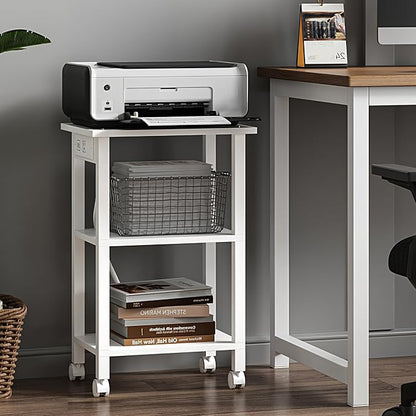 TUTOTAK 3 Tier Printer Stand, Rolling Printer Cart with Power Outlets and USB Ports, Mobile Printer Table with Wheels, for Under Desk, Office, Home, White PS02BW001