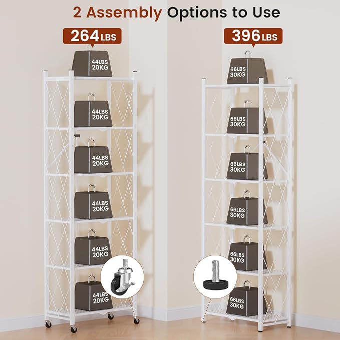 ALANNG 73.6 Inch Folding Bookshelf, 6 Tier Metal Bookcase and Bookshelves, Tall Shelves for Living Room Office Bedroom, Heavy Duty Book Shelve Free Standing Open (White, 3PACK)