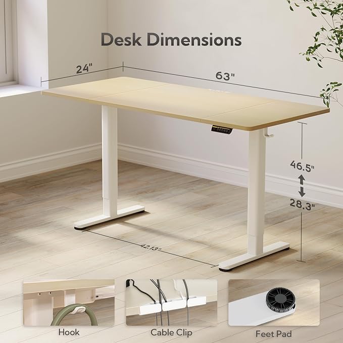 Claiks Electric Standing Desk, Adjustable Height Stand up Desk, 63x24 Inches Sit Stand Home Office Desk with Splice Board, White Frame/Nature Top