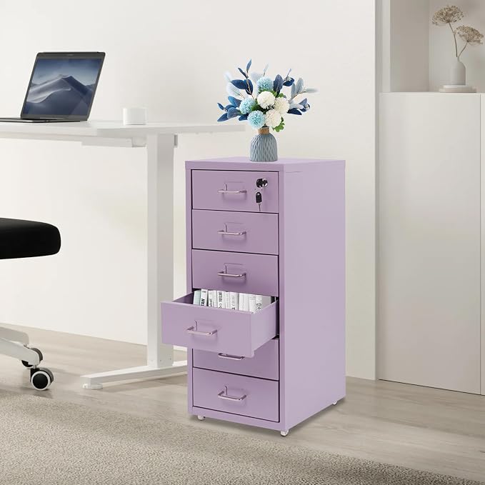 Vertical File Cabinet, 6 Drawers Rolling File Organizer Cabinets with Lock, Heavy Duty Metal Storage Cabinet, Movable Under Desk Filing Cabinet for Office, Study, Dresser (Purple)