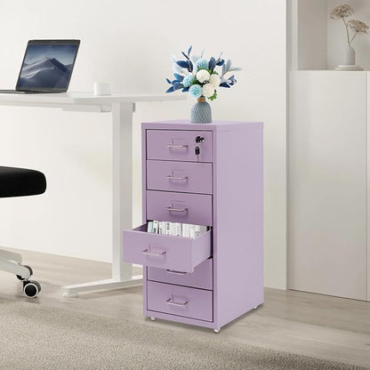 Vertical File Cabinet, 6 Drawers Rolling File Organizer Cabinets with Lock, Heavy Duty Metal Storage Cabinet, Movable Under Desk Filing Cabinet for Office, Study, Dresser (Purple)