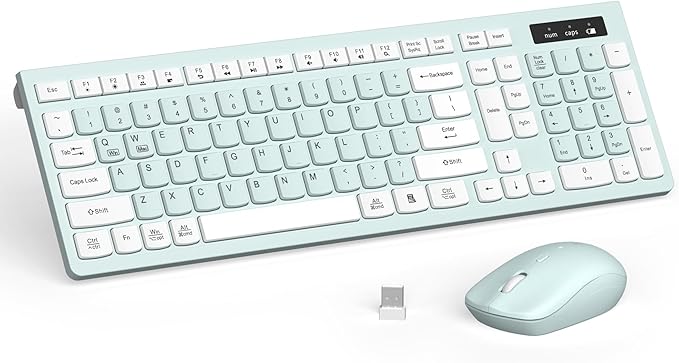 Wireless Keyboard and Mouse Combo, Full-Sized Wireless Keyboard and Adjustable DPI Mouse, 2.4GHz USB Receiver, Keyboard and Mouse for PC, Windows, Desktop, Laptop (Mint Green and White)