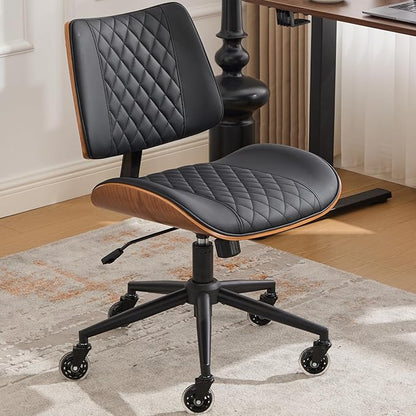 Armless Office Chair with Wheels, Ergonomic Leather Chair, Mid Back 360 Swivel Computer Chair, Modern Walnut Desk Chair for Small Space, Reading, Meeting Room, Black
