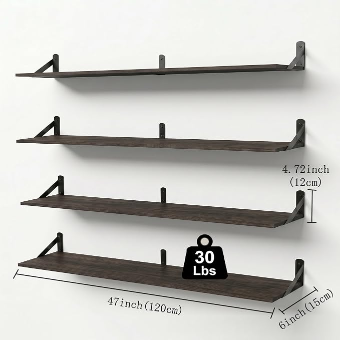 Long Wall Shelf,Large Floating Shelves for Wall,Wood Floating Bookshelves Hanging,Book Storage Display for Living Room Bedroom Office Bathroom Decor,4 Pack,47 Inch,Dark Brown
