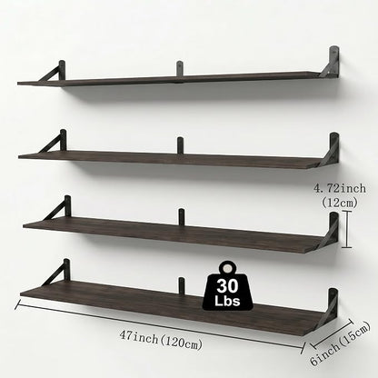 Long Wall Shelf,Large Floating Shelves for Wall,Wood Floating Bookshelves Hanging,Book Storage Display for Living Room Bedroom Office Bathroom Decor,4 Pack,47 Inch,Dark Brown