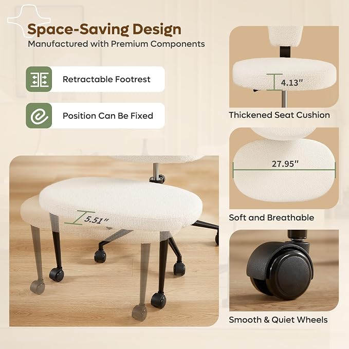 Pinmoco Ergonomic Cross Legged Office Chair Extra Wide for ADHD and Meditation, Kneeling Chair with 360° Swivel Wheels and Reversible Seating, Adjustable Height and Seat Depth, Teddy Fabric, White