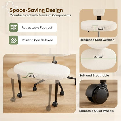 Pinmoco Ergonomic Cross Legged Office Chair Extra Wide for ADHD and Meditation, Kneeling Chair with 360° Swivel Wheels and Reversible Seating, Adjustable Height and Seat Depth, Teddy Fabric, White