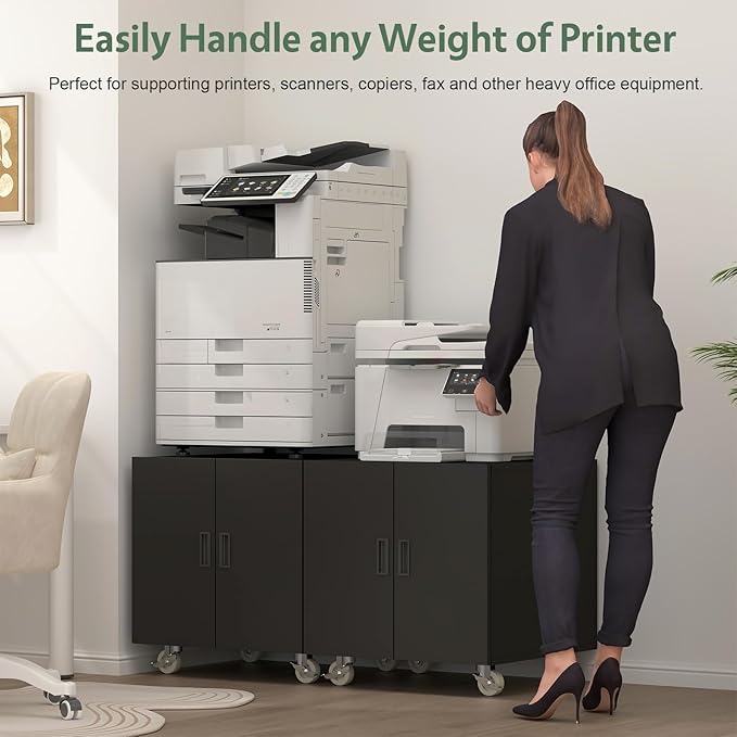 Printer Stand with Storage, Metal Printer Table for Home Office, Heavy Duty Printer Stand with Shelf, Large Table with Wheels for Printers, Mobile Cabinet for Workplace, Fits Fax, Scanner