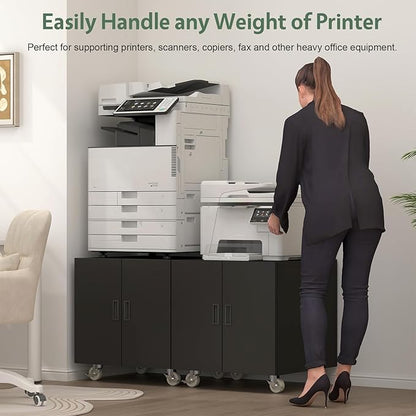 Printer Stand with Storage, Metal Printer Table for Home Office, Heavy Duty Printer Stand with Shelf, Large Table with Wheels for Printers, Mobile Cabinet for Workplace, Fits Fax, Scanner
