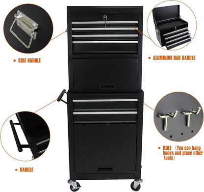 RYH 6 Drawers Rolling Tool Chest & Tool Box on Wheels | Heavy Duty Metal Cart with Ball Bearing Drawers | Fits US General Tool Box for Garage Storage (Black, 6 Drawers 3 in 1/51.99" H × 20.87" W)