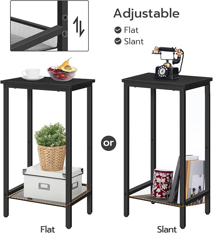 HOOBRO Tall Side Table, Industrial End Telephone Table with Adjustable Mesh Shelves, Small Tall Nightstand for Living Room, Bedroom, Entryway, Office, Black BB03DH01