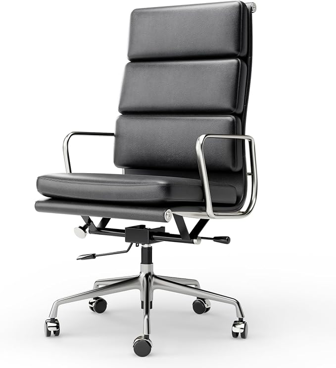 High-Back Executive Genuine Leather Office Chair, with Aluminum Arms and 5-Star Base, Modern Rolling Desk Chair with Silent Wheels, Lumbar Support, High-Adjustable, Tilting for Home & Office