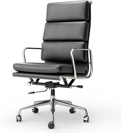 High-Back Executive Genuine Leather Office Chair, with Aluminum Arms and 5-Star Base, Modern Rolling Desk Chair with Silent Wheels, Lumbar Support, High-Adjustable, Tilting for Home & Office