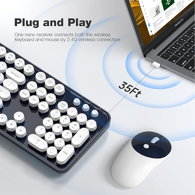 Dilter Wireless Keyboard and Mouse Combo, 104 Keys Full-Sized Typewriter Keyboards and Retro Mouse, 2.4 GHz USB Receiver Plug and Play, for Windows 7 8 10, PC, Laptop, Desktop (Dark Blue)