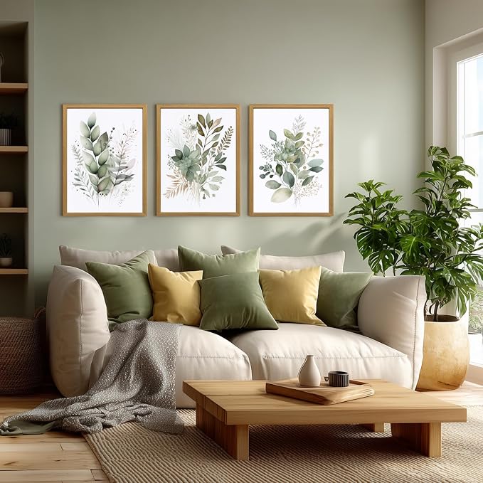LLEEMPI Sage Green Wall Art Set of 3, Modern Watercolor Botanical Wall Decor, Eucalyptus Leaf Canvas Painting, Classic Minimalist Florals Poster Print for Bedroom Bathroom Office 16x24 Inch Framed Included (Total Size)
