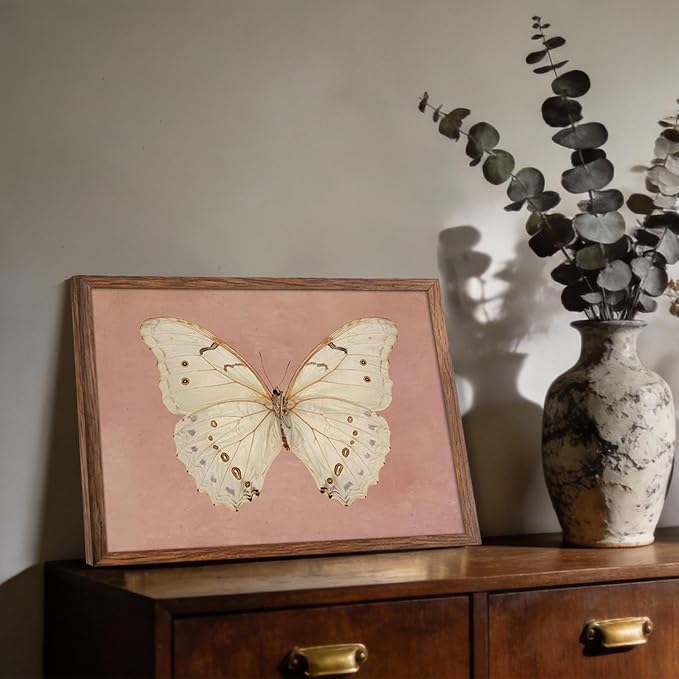 Framed Butterfly Canvas Wall Art, Pink Vintage Neutral Moody Insect Wall Decor Pictures, Antique White Moth Prints Paintings Aesthetic Posters for Living Room Bedroom Bathroom Office 8x10 Inch