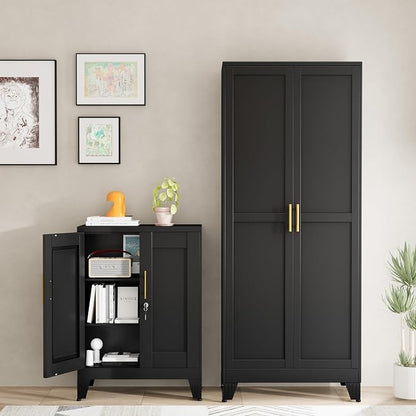 Black Metal Storage Cabinet, 36" Tall Locking Storage Cabinet with 2 Adjustable Shelves, Steel Locker Organizer, for Office, Home, School, 11.81" D x 23.62" W x 35.83" H, 2PS