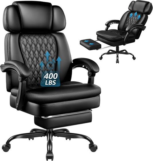 Office Chair with Foot Rest 400lbs, High Back Leather Office Chair Big and Tall, Heavy Duty Ergonomic Executive Desk Chair for Home Office, Black