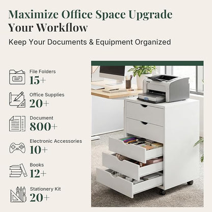Mobile File Cabinet Under Desk, 5 Drawer Storage Organization with Wheels, Vertical Filing Chest Rolling Wood Small Desk Printer Stand for Home Office, 15.75" D x 18.74" W x 25.39" H