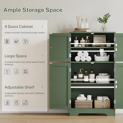 TEENFON Bathroom Storage Cabinet, Bathroom Cabinet with 4 Doors & 2 Adjustable Shelves, Cupboard, Cabinets for Living Room, Entryway, Office, Forest Green