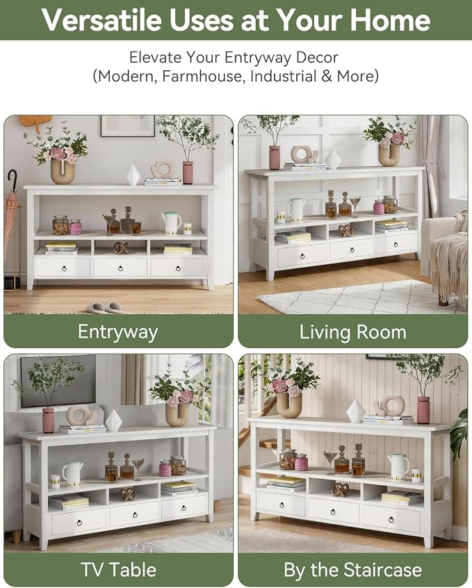 Karl home Console Table with 3 Bottom Drawers, 57.9" W Sofa Side Table Entryway Desk with 3 Storage Cubbies 1 Open Shelf, Vintage TV Stand for Hallway Living Room Office, White 29.9" H