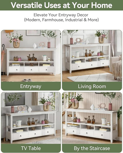 Karl home Console Table with 3 Bottom Drawers, 57.9" W Sofa Side Table Entryway Desk with 3 Storage Cubbies 1 Open Shelf, Vintage TV Stand for Hallway Living Room Office, White 29.9" H