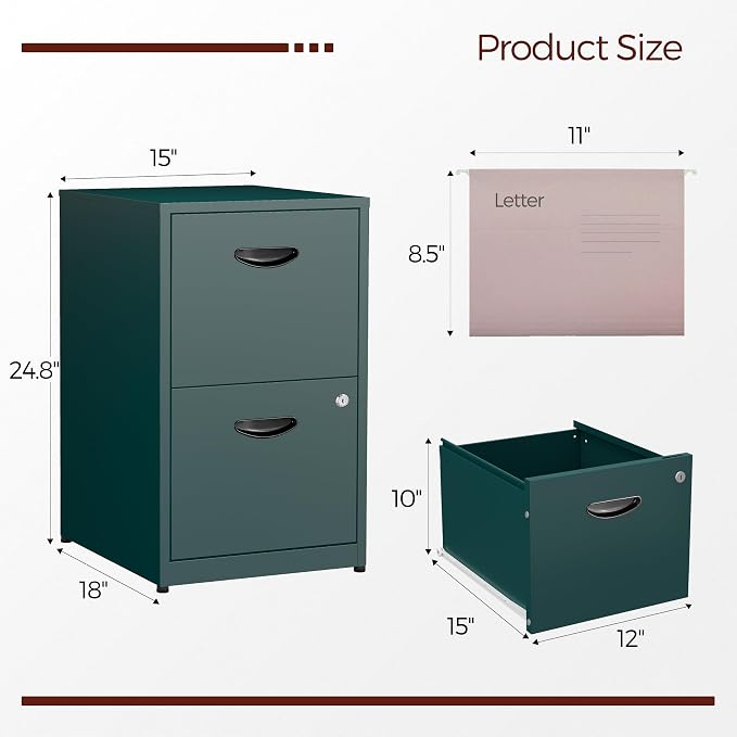2 Drawer File Cabinet with Lock,Green Metal Filing Cabinets,Vertical Locking File Cabinet Fit Hanging Files, Letter,File Box and A4 Documents