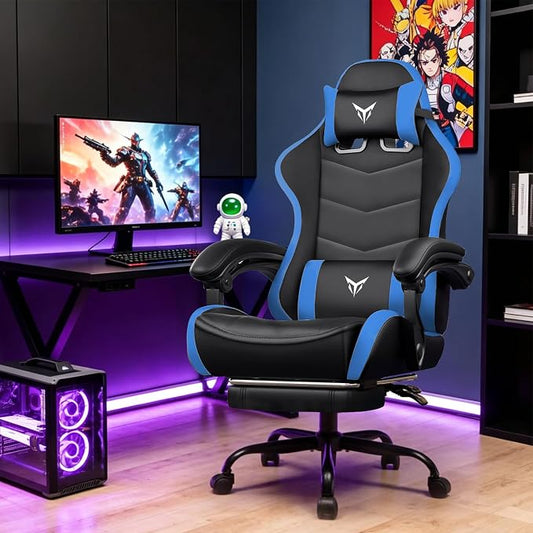 GTPLAYER Gaming Chair for Adults, Big and Tall 300LBS Heavy Duty Office Chair with Footrest, Ergonomic High Back Lumbar Support and Wide Comfy Cushion with Linkage Armrests for Home Office, Blue
