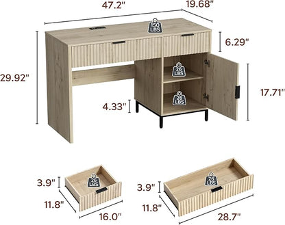 47" Home Office Desk with Fluted Drawers, Wood Exectuive Desk with Storage Cabinet, Charging Station, Metal Legs Modern Farmhouse Computer Desk for Work, Study Light Oak