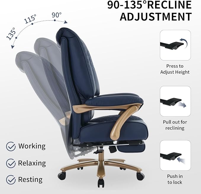 EXCEBET Big and Tall Executive Office Chair with Footrest, 400LBS Capacity Ergonomic High-Back Desk Office Chair with Lumbar Support, Padded Armrests & Thick Cushion, Blue PU Leather Chairs