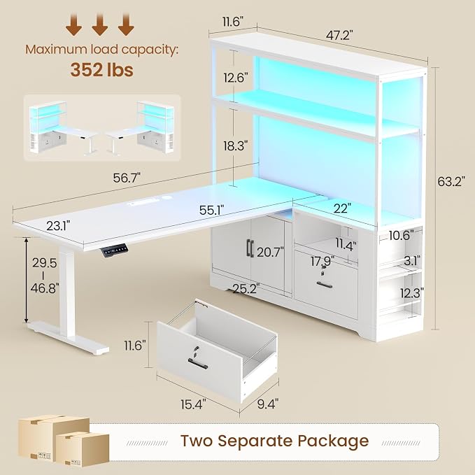 SEDETA 56.7" L Shaped Standing Desk, Reversible Computer Office Desk with Drawers & Hutch, Stand Up Corner Gaming Desks with LED Lights & Power Outlets for Home Office, White