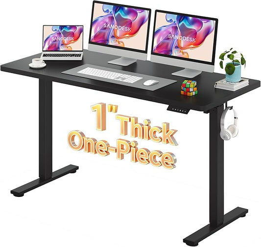 SANODESK Electric Standing Desk 60 x 24 Inches Whole-Piece Desktop Height Adjustable Stand Up Desk w/6-Button Controller Ergonomic Computer Desk for Home Office, Black Frame + Black Tabletop