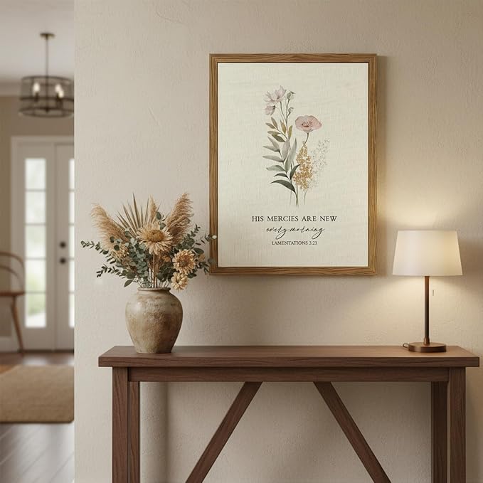 Christian Scripture Canvas Wall Art Bible Inspirational Poster Wall Decor His Mercies Are New Every Morning Pictures Print for Prayer Room Office Living Room Home Decoration 8x10 in Wood Framed